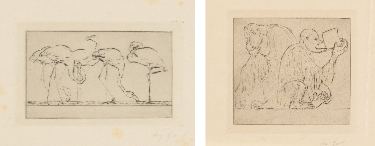 This picture shows the following artwork: August Gaul. „Trinkende Flamingos“ / Trinkende Affen. 1916.