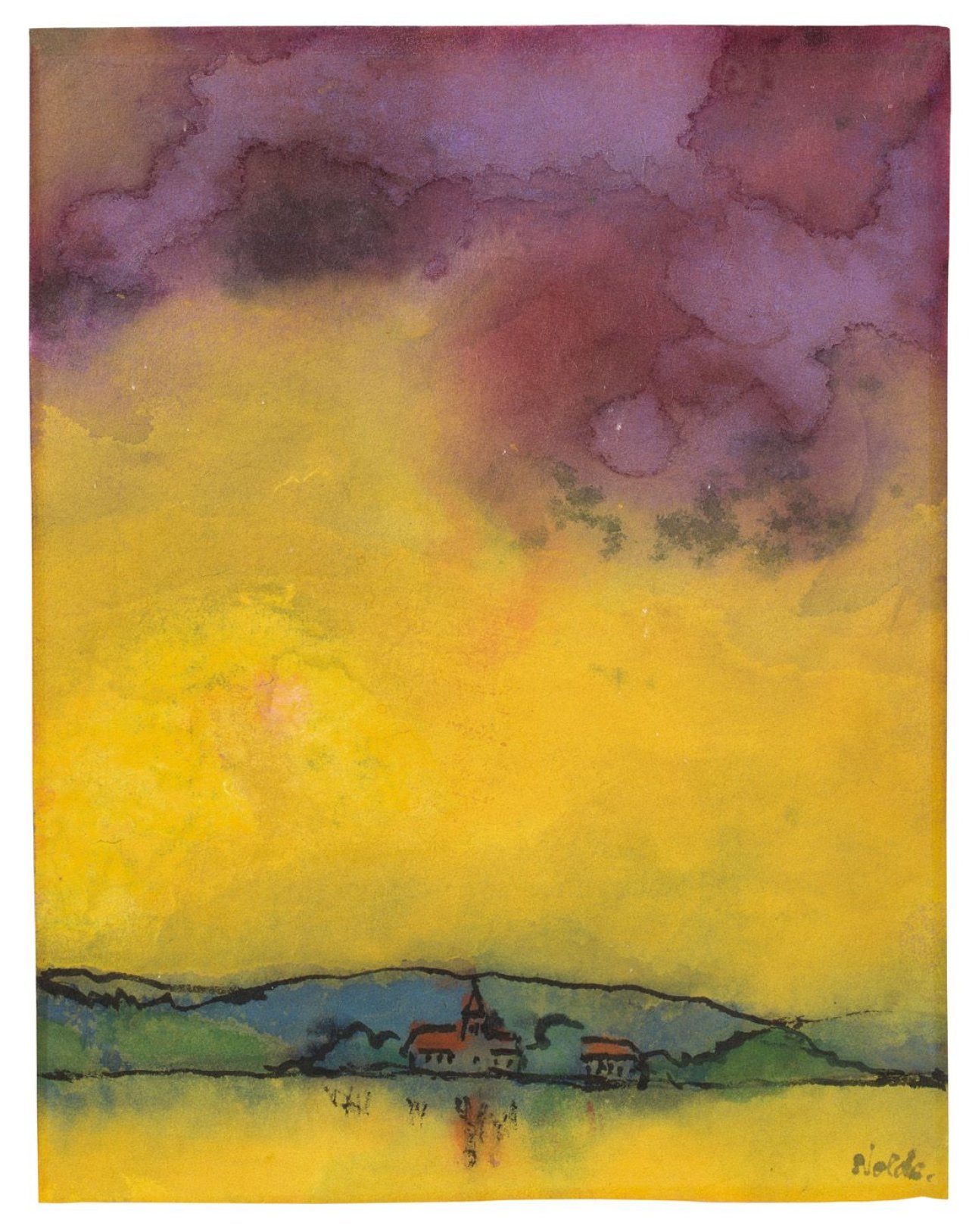 This picture shows the following artwork: Emil Nolde. „Landschaft mit Kirche (gelb und violett)“. Circa 1931.