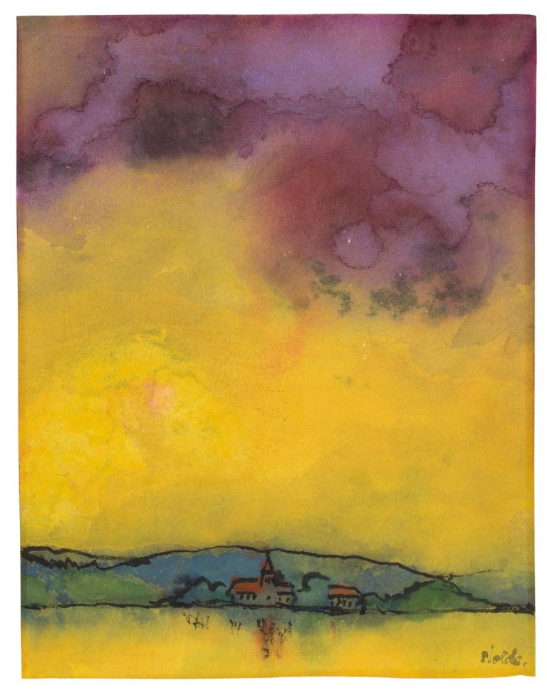 This picture shows the following artwork: Emil Nolde. „Landschaft mit Kirche (gelb und violett)“. Circa 1931.