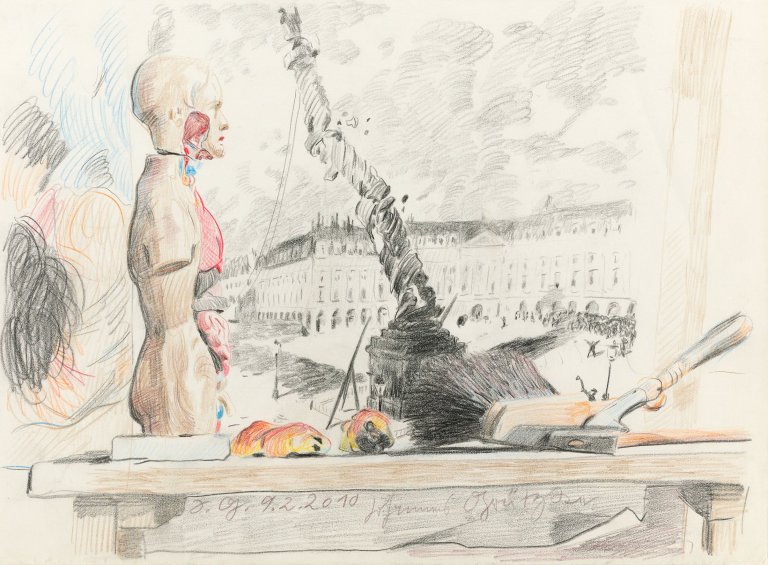 Auf diesem Bild ist das folgende Kunstwerk zu sehen: Johannes Grützke. Stilleben mit medizinischer Schaupuppe. 2010.