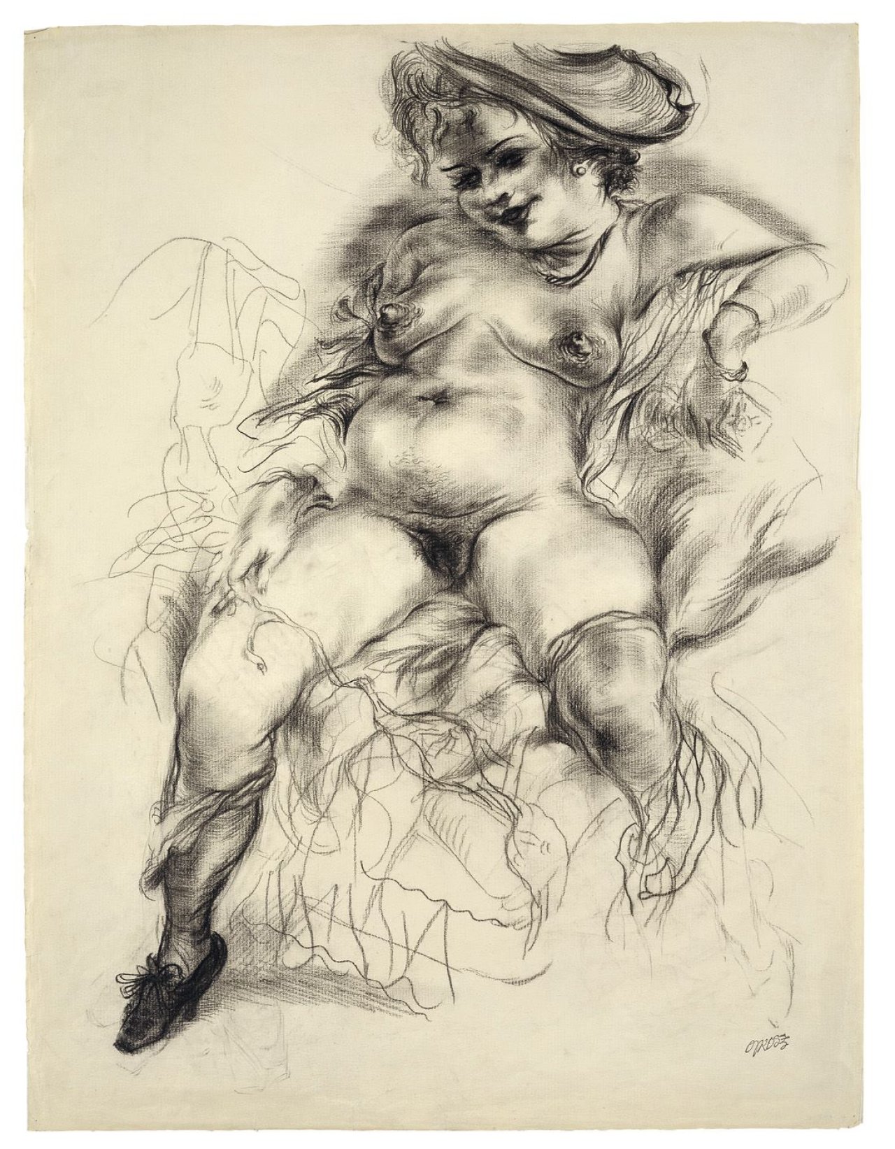 Auf diesem Bild ist das folgende Kunstwerk zu sehen: George Grosz. Akt mit Hut. 1942.