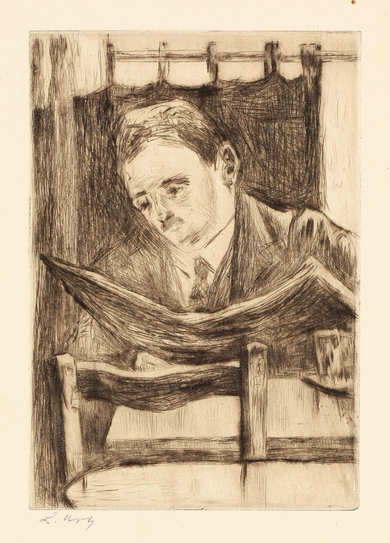 Auf diesem Bild ist das folgende Kunstwerk zu sehen: Lesser Ury. „Zeitungsleser im Kaffee mit Stuhllehne im Vordergrund“. Um 1920.