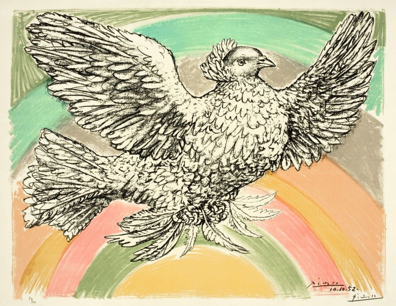 Auf diesem Bild ist das folgende Kunstwerk zu sehen: Pablo Picasso. „Colombe volant (à l'arc-en-ciel)“. 1952.