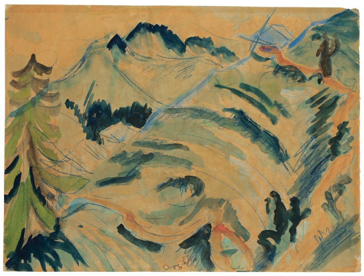 Auf diesem Bild ist das folgende Kunstwerk zu sehen: Ernst Ludwig Kirchner. Blick von der Stafelalp / Stafelalp mit zwei Wanderern. 1917/18.