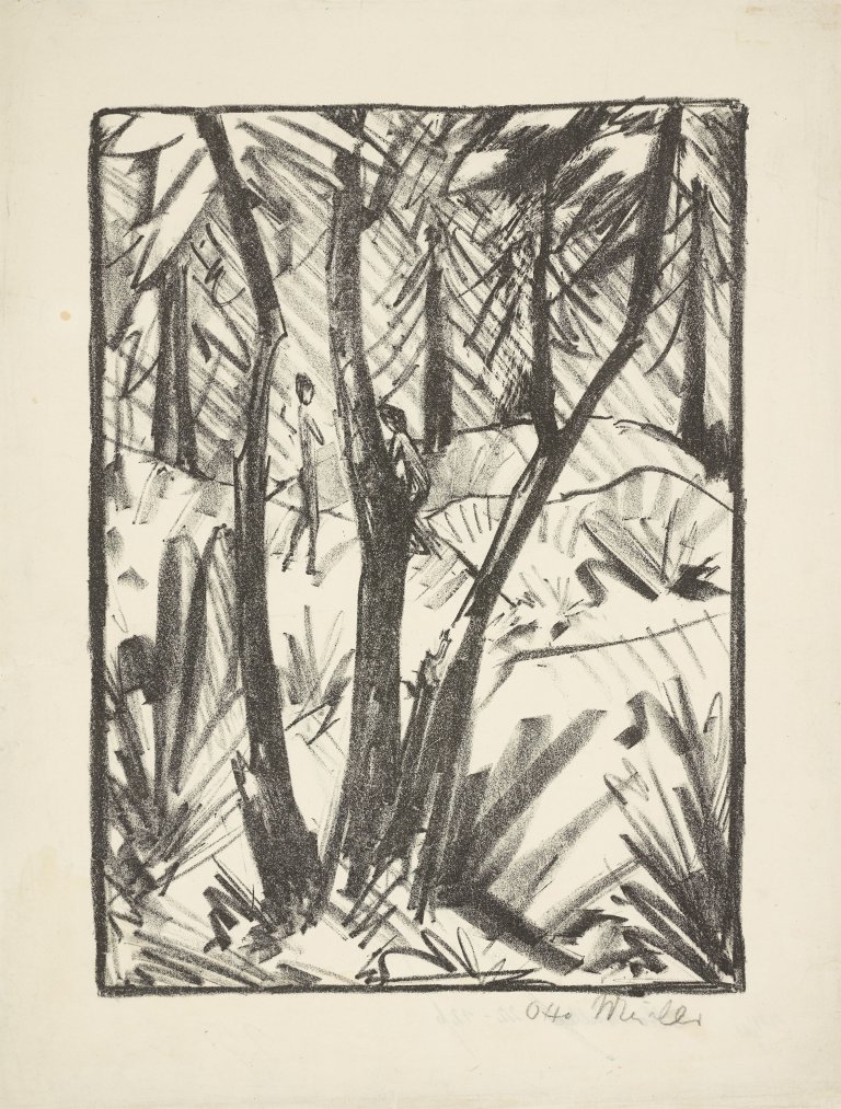 Auf diesem Bild ist das folgende Kunstwerk zu sehen: Otto Mueller. „Waldlandschaft mit kleinen Figuren (2)“. Um 1919.