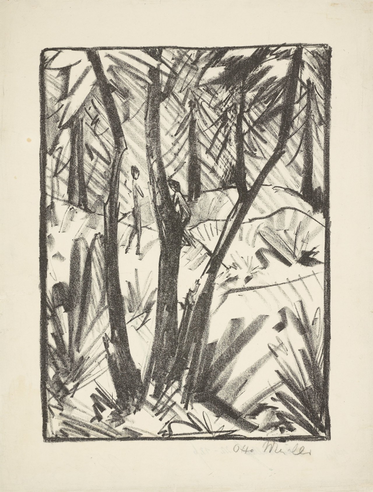This picture shows the following artwork: Otto Mueller. ”Waldlandschaft mit kleinen Figuren (2)”. Circa 1919.