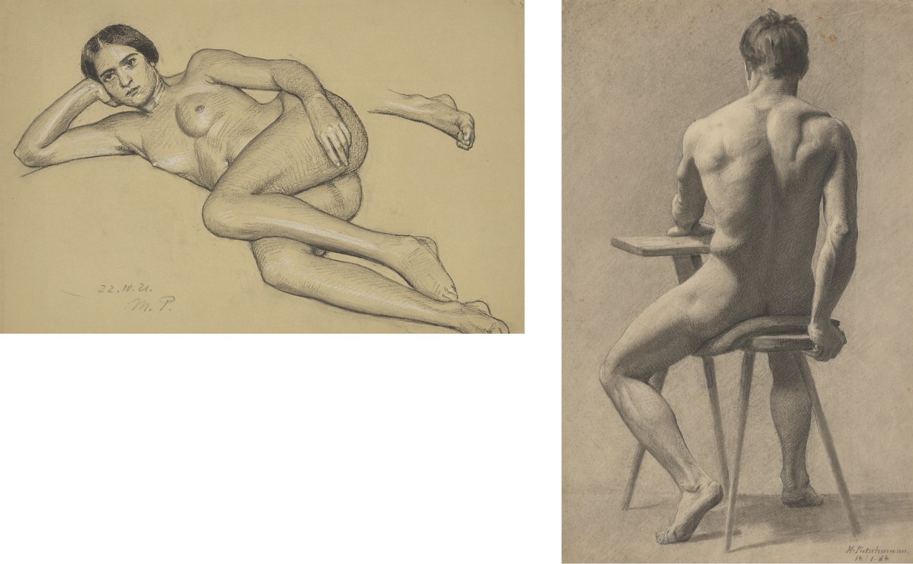 Auf diesem Bild ist das folgende Kunstwerk zu sehen: Max Pietschmann. Zwei Aktstudien: Sitzender männlicher Rückenakt / Weiblicher, liegender Akt. 1884 / 1921.