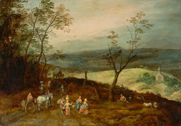 Auf diesem Bild ist das folgende Kunstwerk zu sehen: Jan Brueghel d.J.. Weite hügelige Landschaft mit Rast auf der Landstraße. Ende der 1620er Jahre.