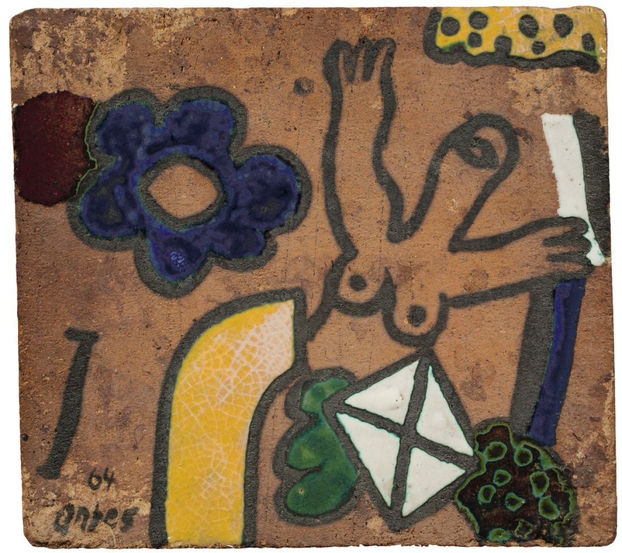 Auf diesem Bild ist das folgende Kunstwerk zu sehen: Horst Antes. „Weibliche Figur mit Blume. Brief. Wolke“. 1964.
