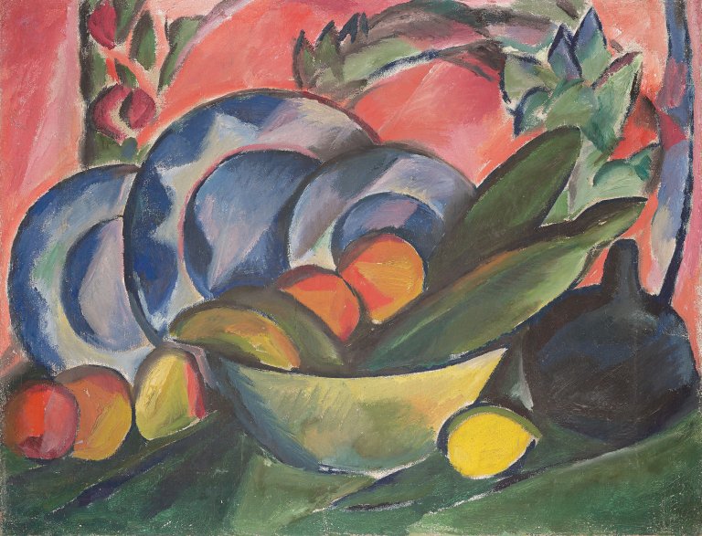 Auf diesem Bild ist das folgende Kunstwerk zu sehen: César Klein. „Südliche Landschaft“/Früchtestillleben. 1916/Um 1910/15.