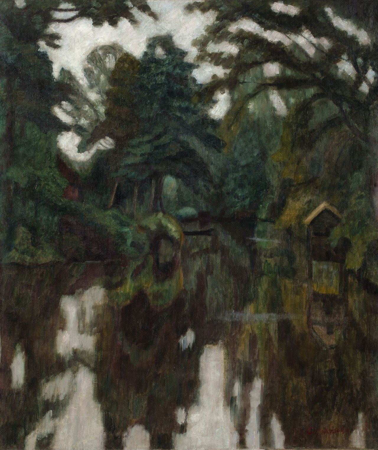 Auf diesem Bild ist das folgende Kunstwerk zu sehen: Otto Modersohn. „Sommerliche Wümmepartie“ / „Weyerberg mit Zionskirche in Worpswede“. Um 1920/1911.