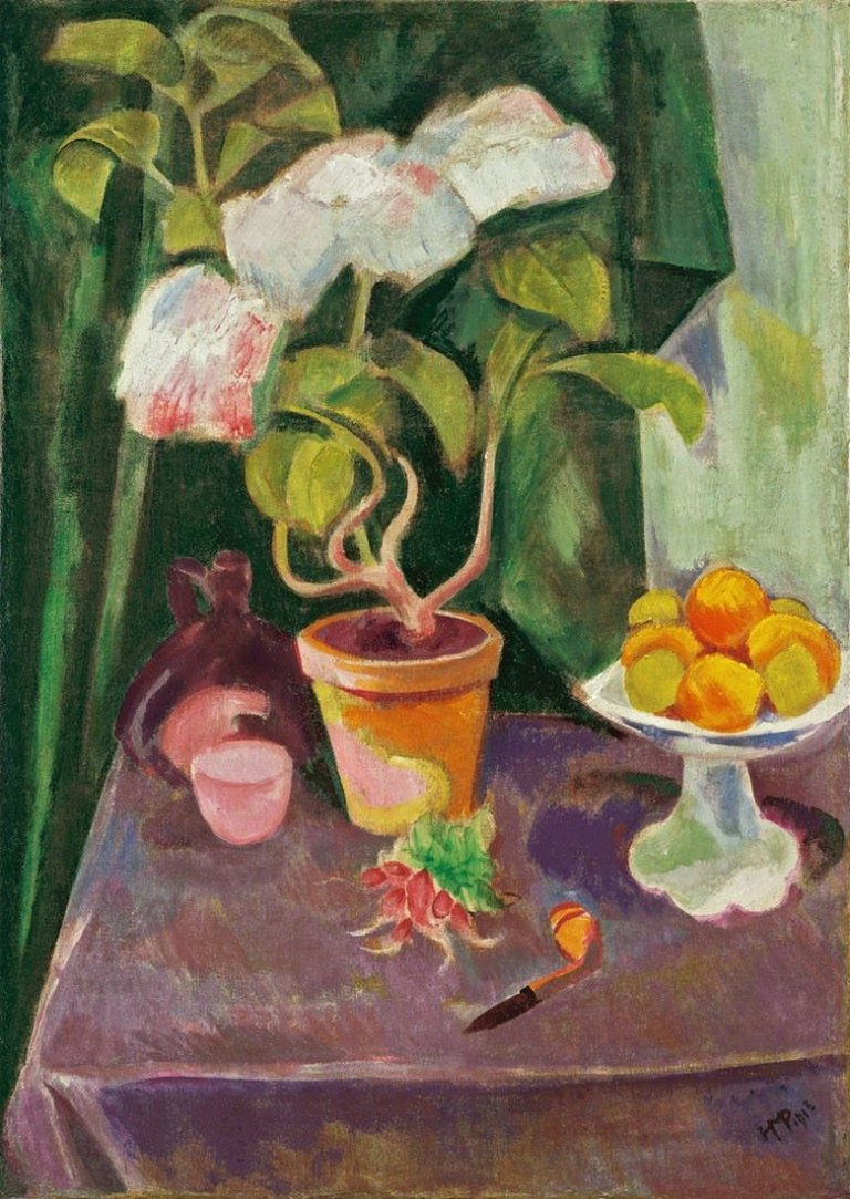 Auf diesem Bild ist das folgende Kunstwerk zu sehen: Max Pechstein. „Stilleben mit Blumenstock“. 1913.