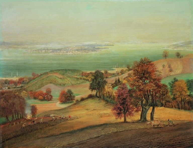 Auf diesem Bild ist das folgende Kunstwerk zu sehen: Otto Dix. „Landschaft mit Kartoffelernte und Reichenau“. 1940.