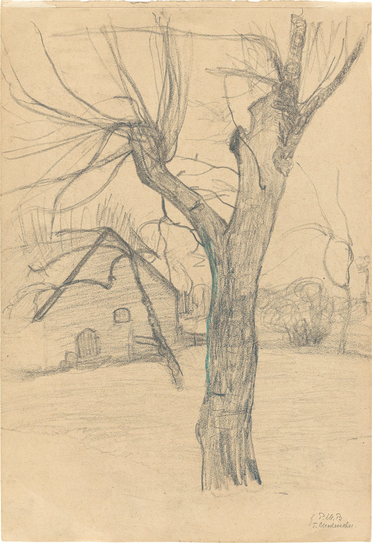 This picture shows the following artwork: Paula Modersohn-Becker. ”Baum vor einem Bauernhaus / Gänsestudie”. 1899 and 1900/01.