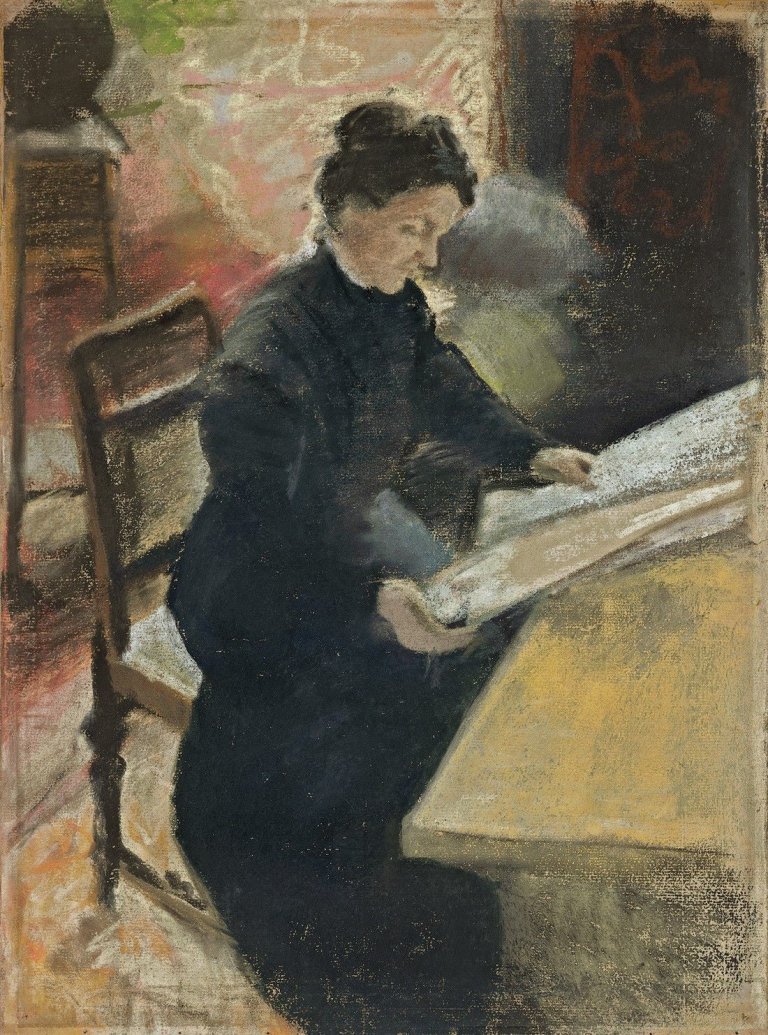 Auf diesem Bild ist das folgende Kunstwerk zu sehen: August Macke. „Porträt Sofie Gerhardt, Zeitung lesend (Lesende Frau)“. 1907.