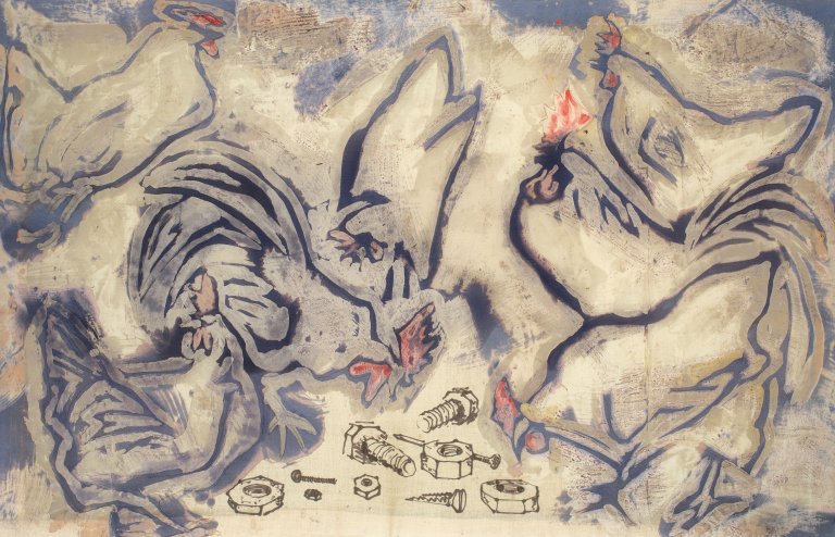 Auf diesem Bild ist das folgende Kunstwerk zu sehen: Markus Oehlen. Hühner, Muttern, Schrauben. 1980.
