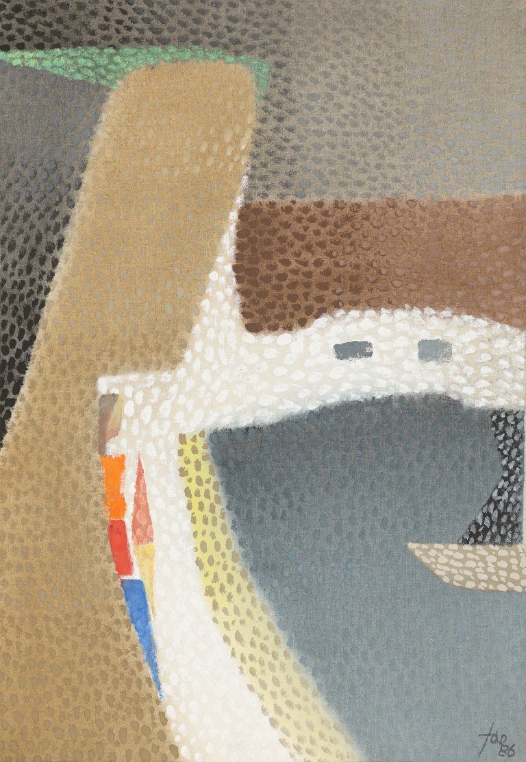Auf diesem Bild ist das folgende Kunstwerk zu sehen: Hans Jaenisch. Frau an einem Pier. 1986.