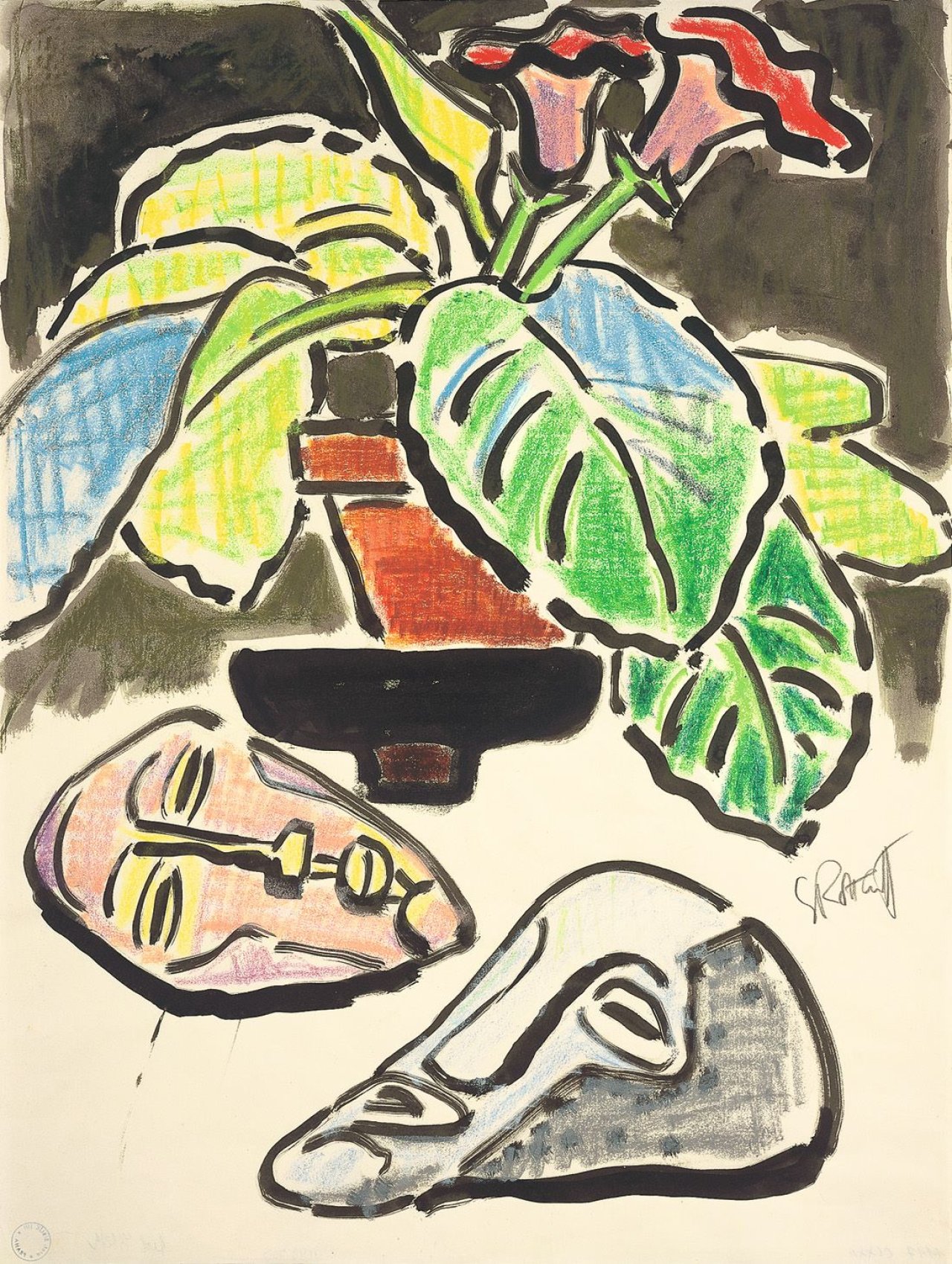 Auf diesem Bild ist das folgende Kunstwerk zu sehen: Karl Schmidt-Rottluff. Stilleben mit Blumentopf und Masken.