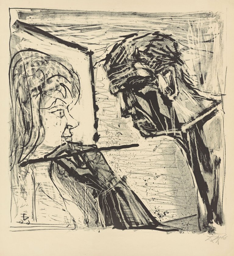 Auf diesem Bild ist das folgende Kunstwerk zu sehen: Otto Dix. „Selbstbildnis im Profil beim Malen“. 1966.