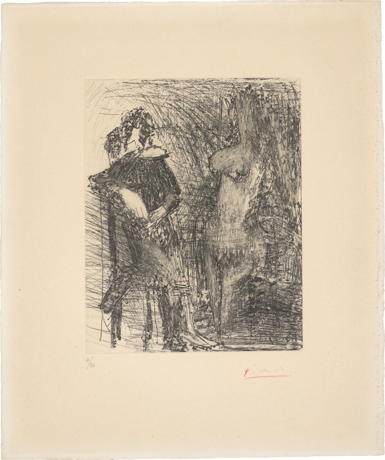 Auf diesem Bild ist das folgende Kunstwerk zu sehen: Pablo Picasso. „Homme accoudé et à demi agenouillé sur une chaise devant (ou pensant à) une femme“. 1968.