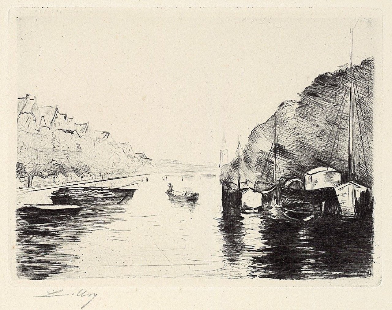 Auf diesem Bild ist das folgende Kunstwerk zu sehen: Lesser Ury. „Holländischer Kanal mit ankernden Booten“. 1922/23.