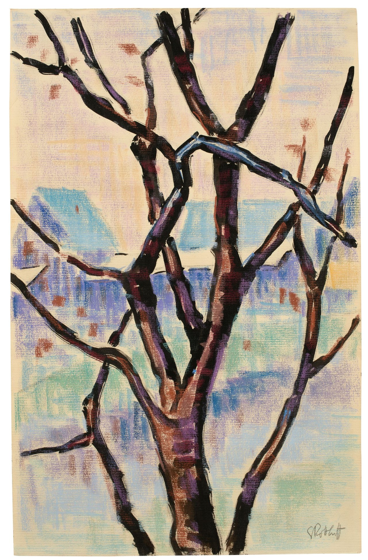 Auf diesem Bild ist das folgende Kunstwerk zu sehen: Karl Schmidt-Rottluff. Baum vor Dächern. 1940er Jahre.