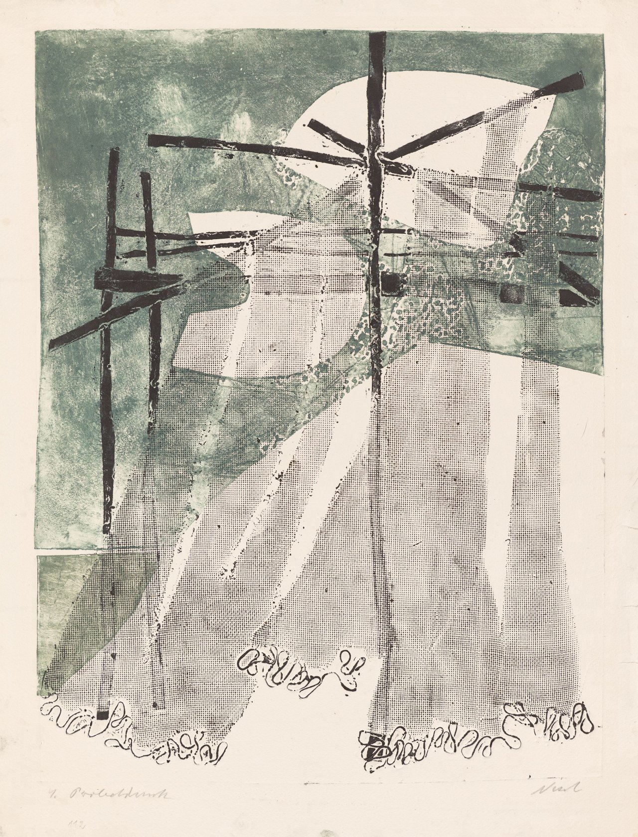 Auf diesem Bild ist das folgende Kunstwerk zu sehen: Rolf Nesch. „Netze zum Trocknen aufgehängt“. 1936.