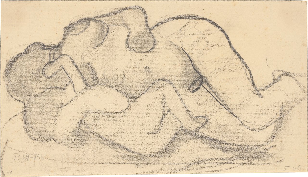 Auf diesem Bild ist das folgende Kunstwerk zu sehen: Paula Modersohn-Becker. „Liegender weiblicher Akt mit Säugling im Arm“. 1906.