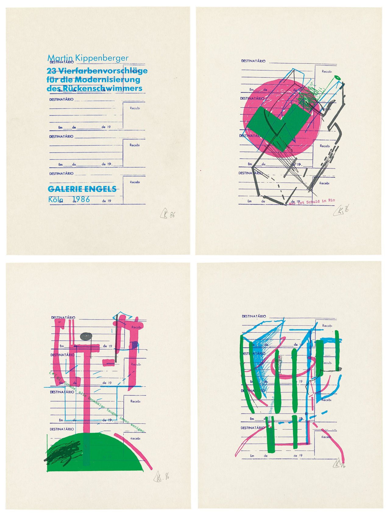 Auf diesem Bild ist das folgende Kunstwerk zu sehen: Martin Kippenberger. „23 Vierfarbvorschläge zur Modernisierung des Rückenschwimmers“. 1986.