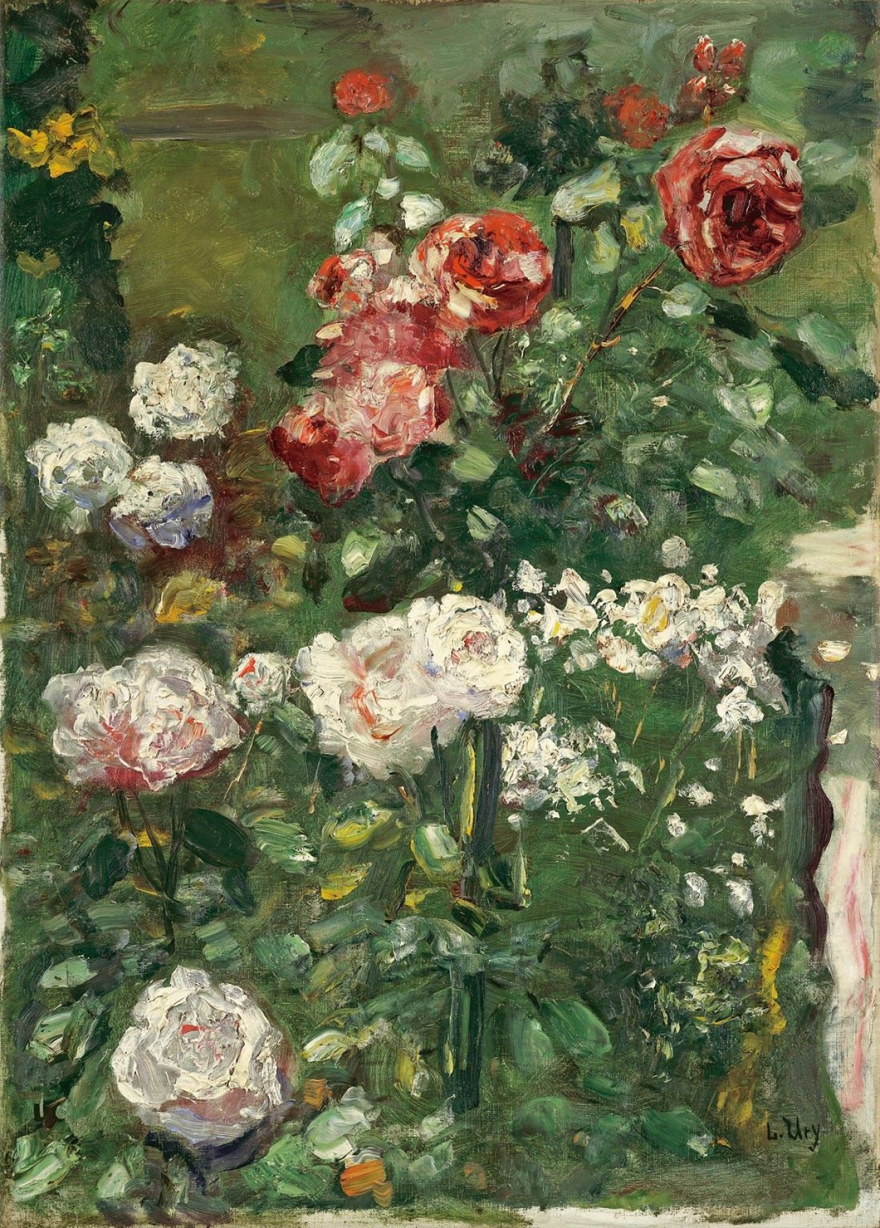 Auf diesem Bild ist das folgende Kunstwerk zu sehen: Lesser Ury. Rosensträucher mit roten und weißen Rosen. Um 1920/30.