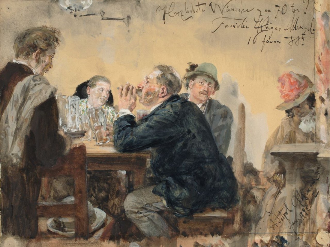 Auf diesem Bild ist das folgende Kunstwerk zu sehen: Adolph Menzel. „Im Peterskeller zu Salzburg“. 1888.
