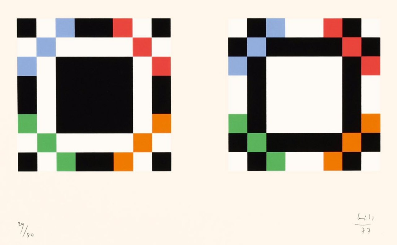 Auf diesem Bild ist das folgende Kunstwerk zu sehen: Max Bill. „7 twins“. 1977.