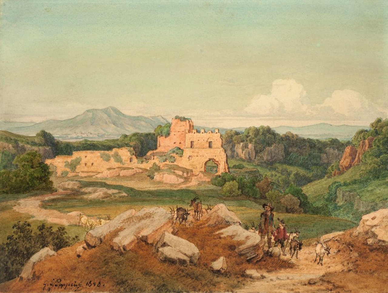 Auf diesem Bild ist das folgende Kunstwerk zu sehen: Gustav Friedrich Papperitz. Südliche Landschaft mit Ziegenhirten und Burgruine. 1848.