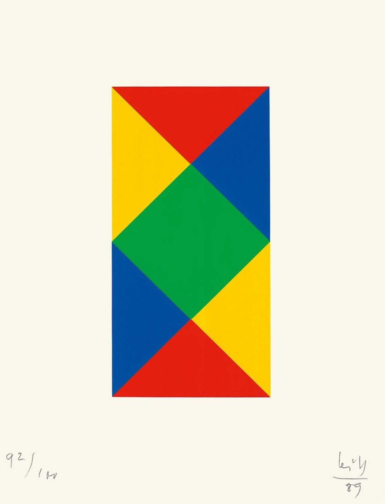 Auf diesem Bild ist das folgende Kunstwerk zu sehen: Max Bill. „vier quantengleiche variationen - aus blau und gelb wird rot und grün“. 1989.