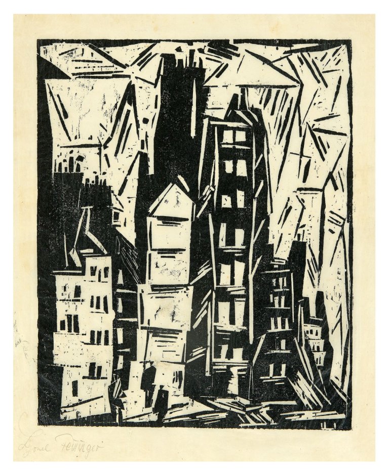 Auf diesem Bild ist das folgende Kunstwerk zu sehen: Lyonel Feininger. „Pariser Häuser“. 1919.
