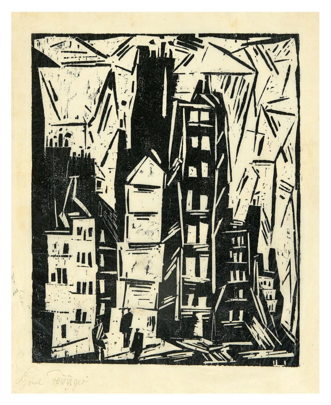 Auf diesem Bild ist das folgende Kunstwerk zu sehen: Lyonel Feininger. „Pariser Häuser“. 1919.