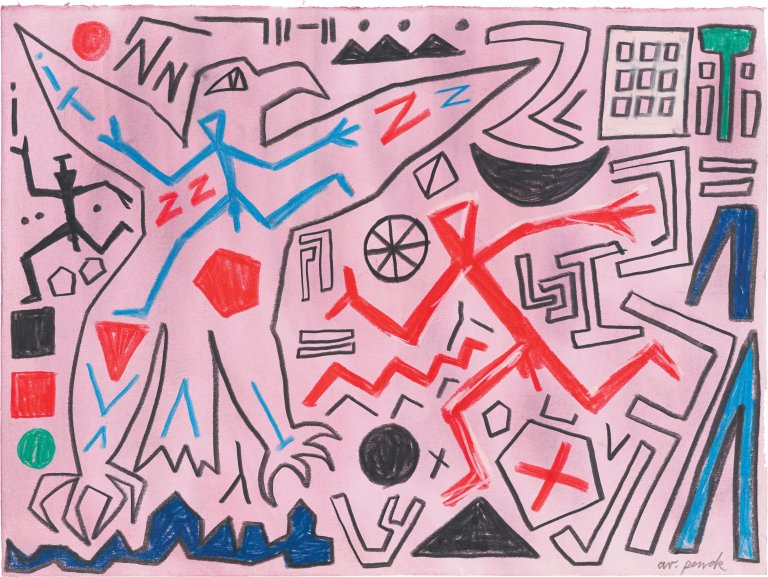 Auf diesem Bild ist das folgende Kunstwerk zu sehen: A.R. Penck. „Durch den Adler hindurch 1“. 2002.