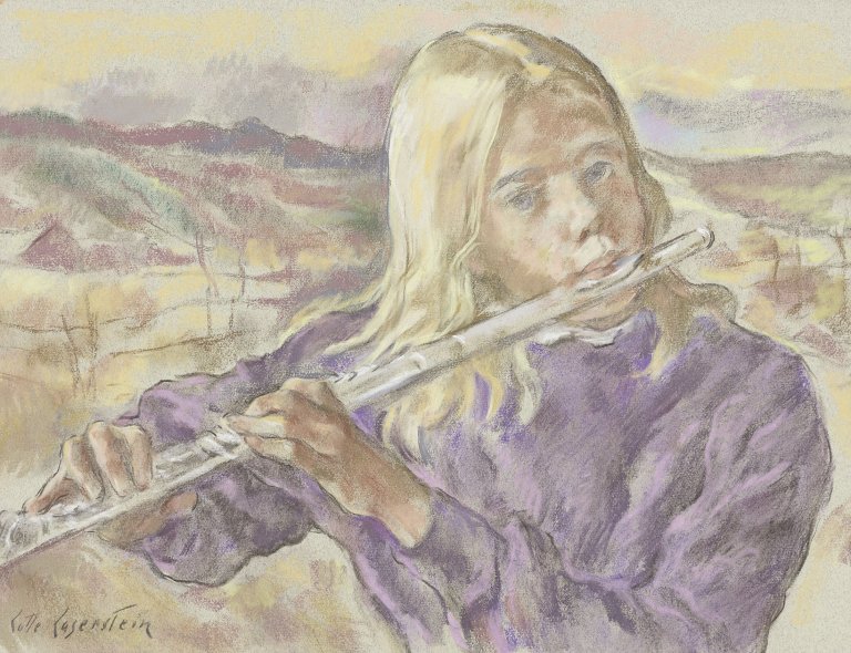 Auf diesem Bild ist das folgende Kunstwerk zu sehen: Lotte Laserstein. „Flöte spielendes Mädchen (Louise Haag)“. Um 1980.