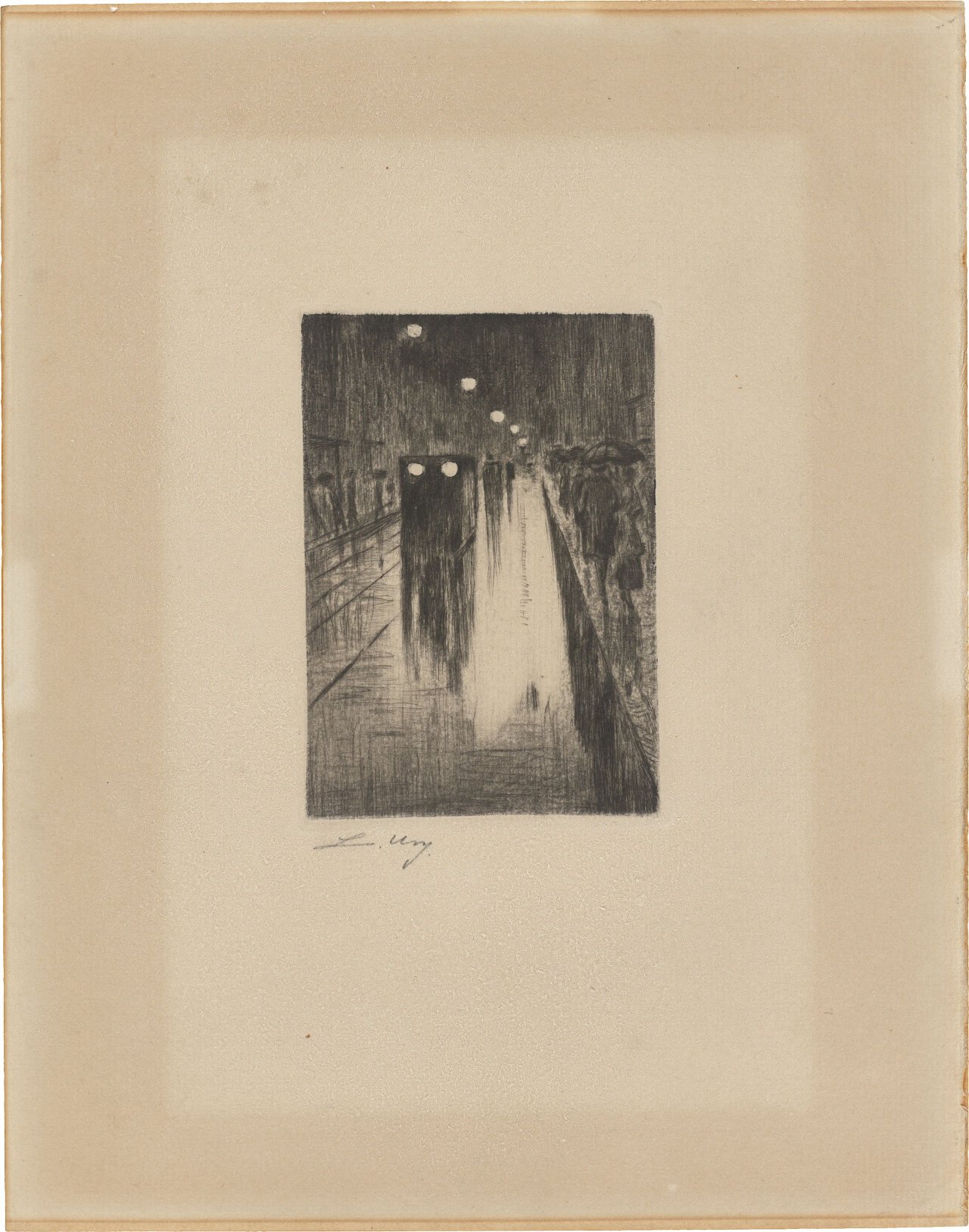 Auf diesem Bild ist das folgende Kunstwerk zu sehen: Lesser Ury. „Leipzigerstraße im Regen“. Um 1920.