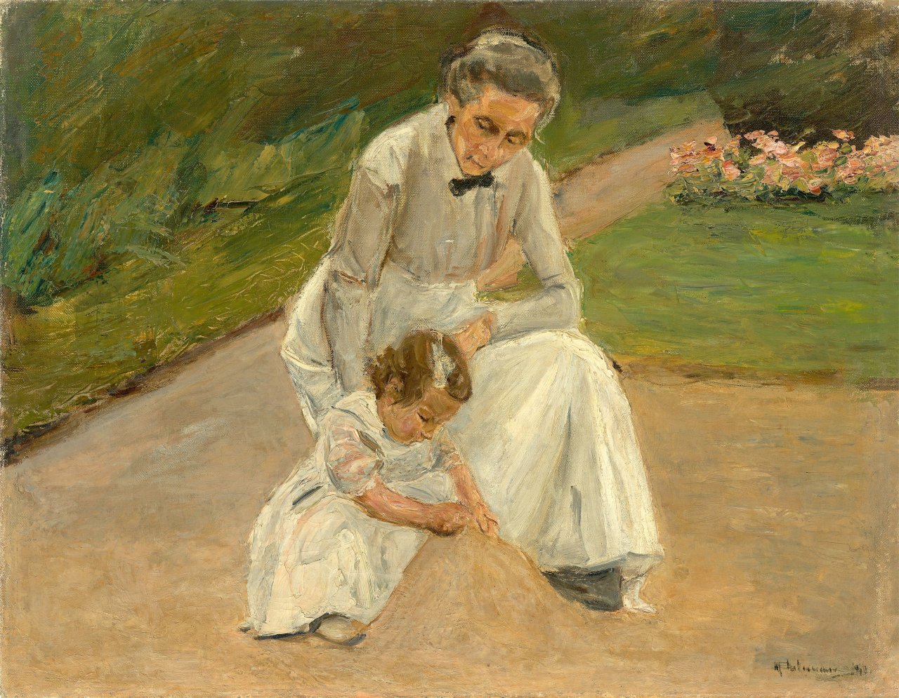 Auf diesem Bild ist das folgende Kunstwerk zu sehen: Max Liebermann. „Enkelin und Kinderfrau beim Spielen im Garten“. 1919.