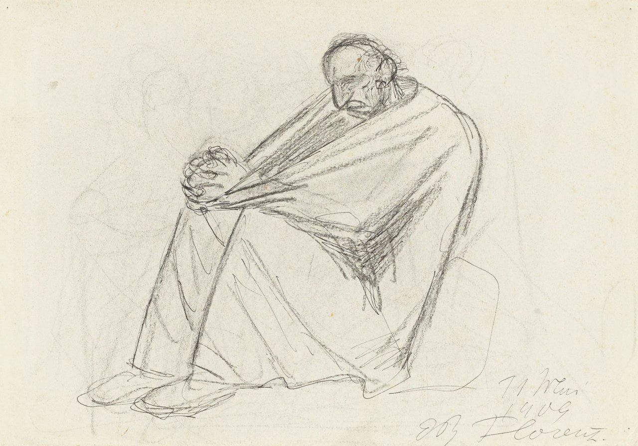 Auf diesem Bild ist das folgende Kunstwerk zu sehen: Ernst Barlach. Sitzender Mann. 1909.