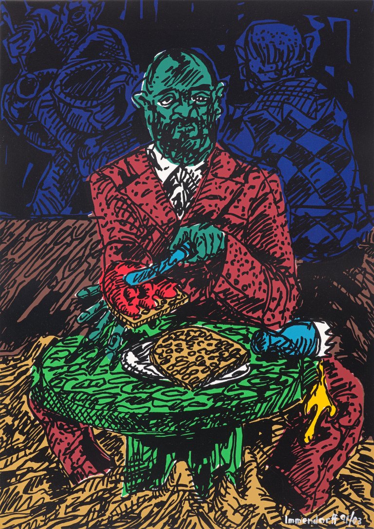 Auf diesem Bild ist das folgende Kunstwerk zu sehen: Jörg Immendorff. „Baselitzfrühstück“. 1991/2003.