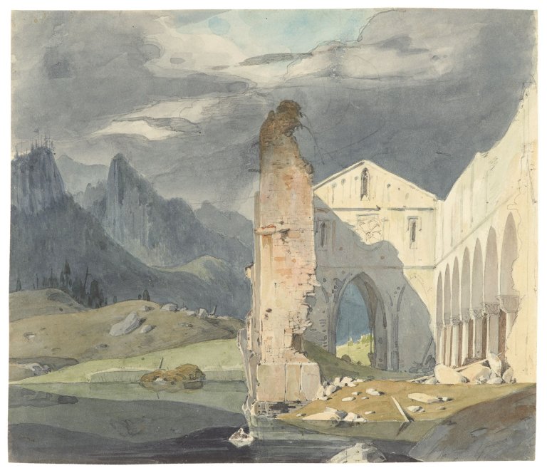 Auf diesem Bild ist das folgende Kunstwerk zu sehen:  Deutsch, um 1830. Kirchenruine im Gebirge unter Gewitterhimmel.