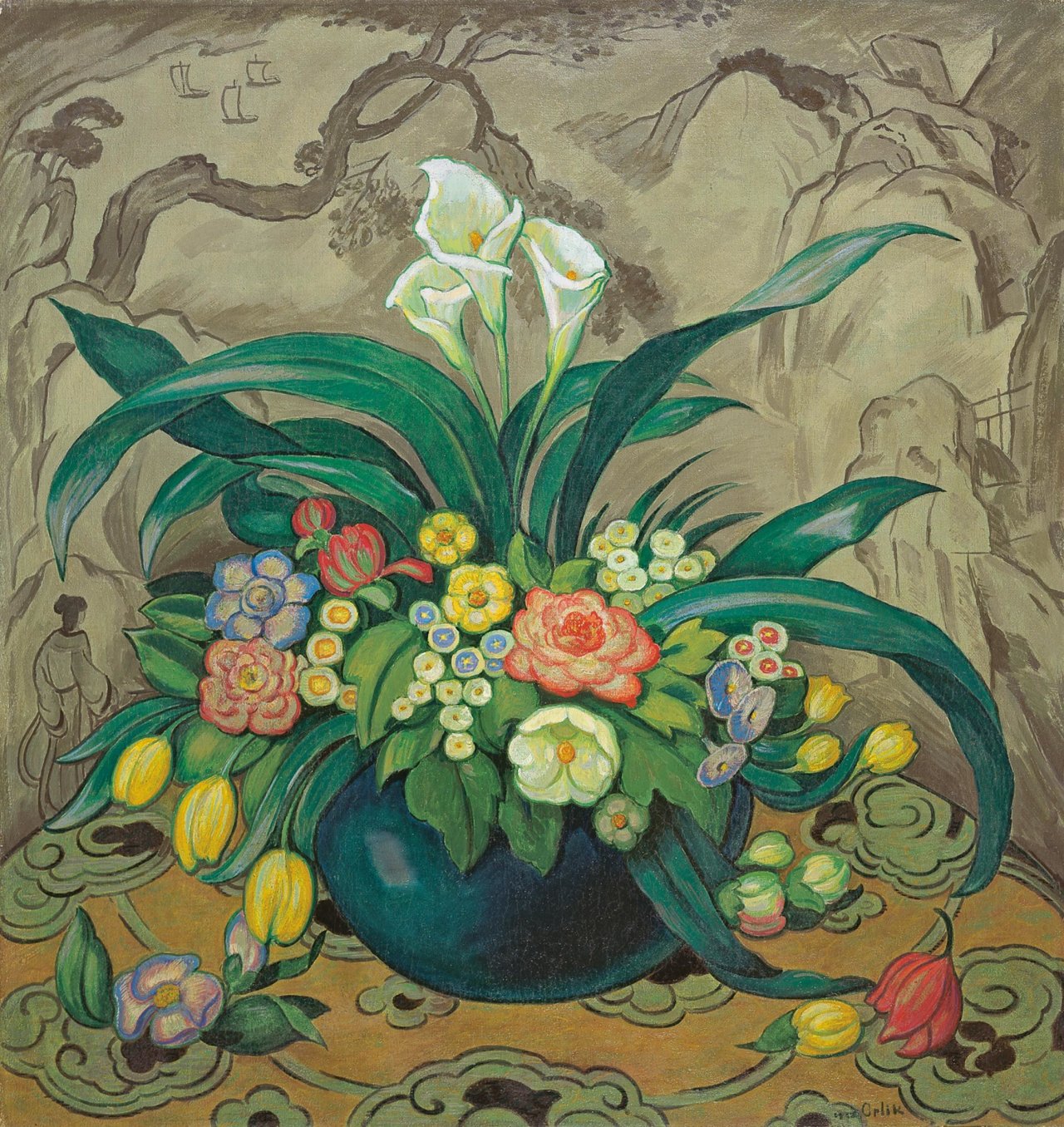 Auf diesem Bild ist das folgende Kunstwerk zu sehen: Emil Orlik. Blumenstilleben mit Blauer Vase. 1910.