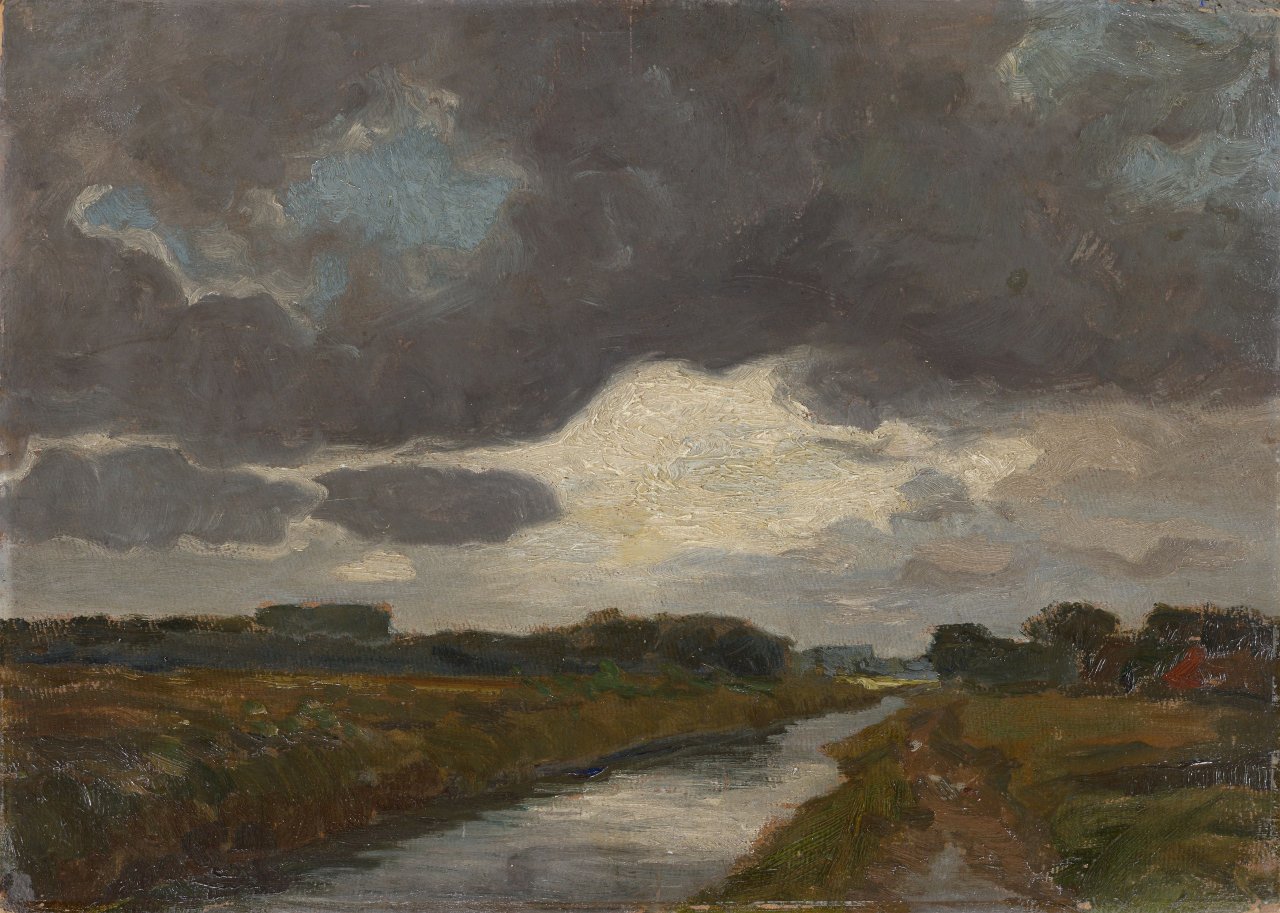Auf diesem Bild ist das folgende Kunstwerk zu sehen: Hans am Ende. Landschaft mit Fluss und dunklen Wolken. 1900.