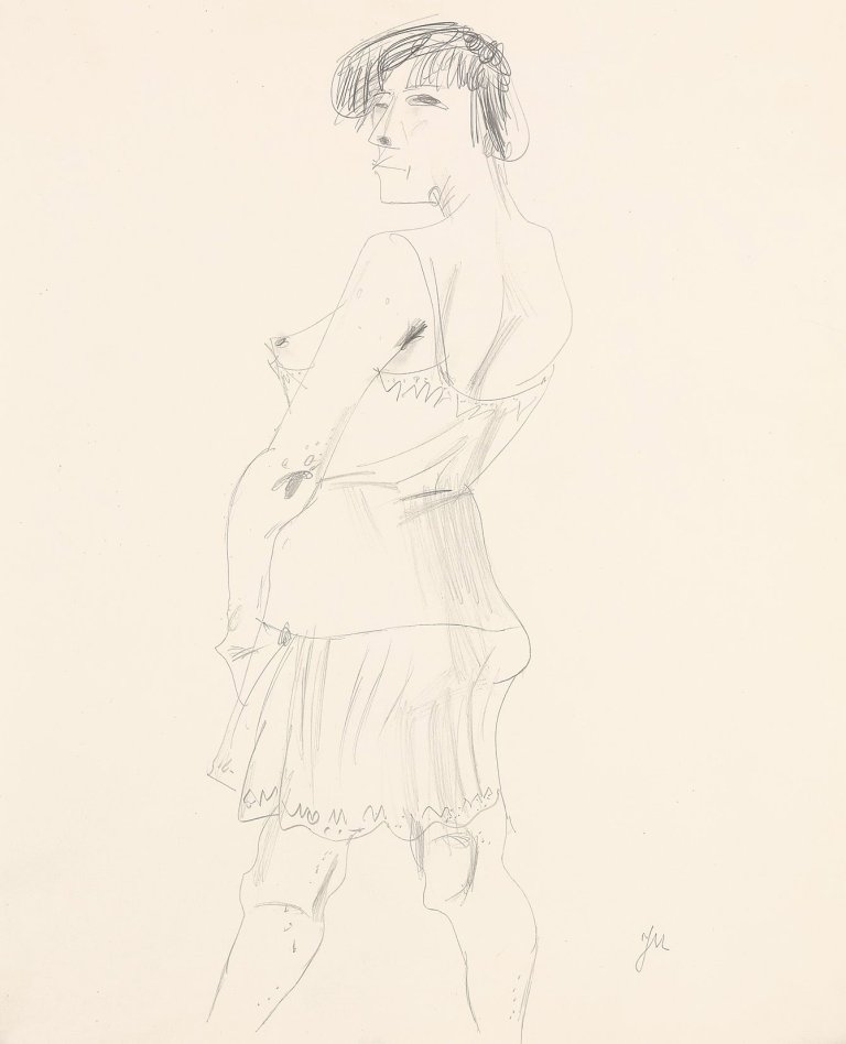Auf diesem Bild ist das folgende Kunstwerk zu sehen: Jeanne Mammen. „Stehende Frau im Unterrock mit nach links gedrehtem Kopf“. Um 1925/28.