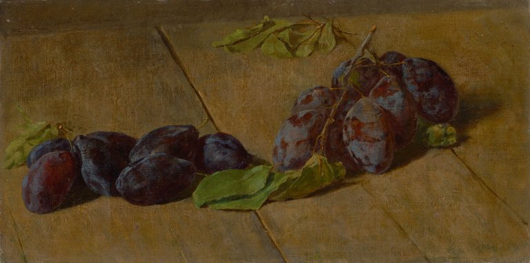 Auf diesem Bild ist das folgende Kunstwerk zu sehen:  Französisch, um 1860/80. Stillleben mit Pflaumen.