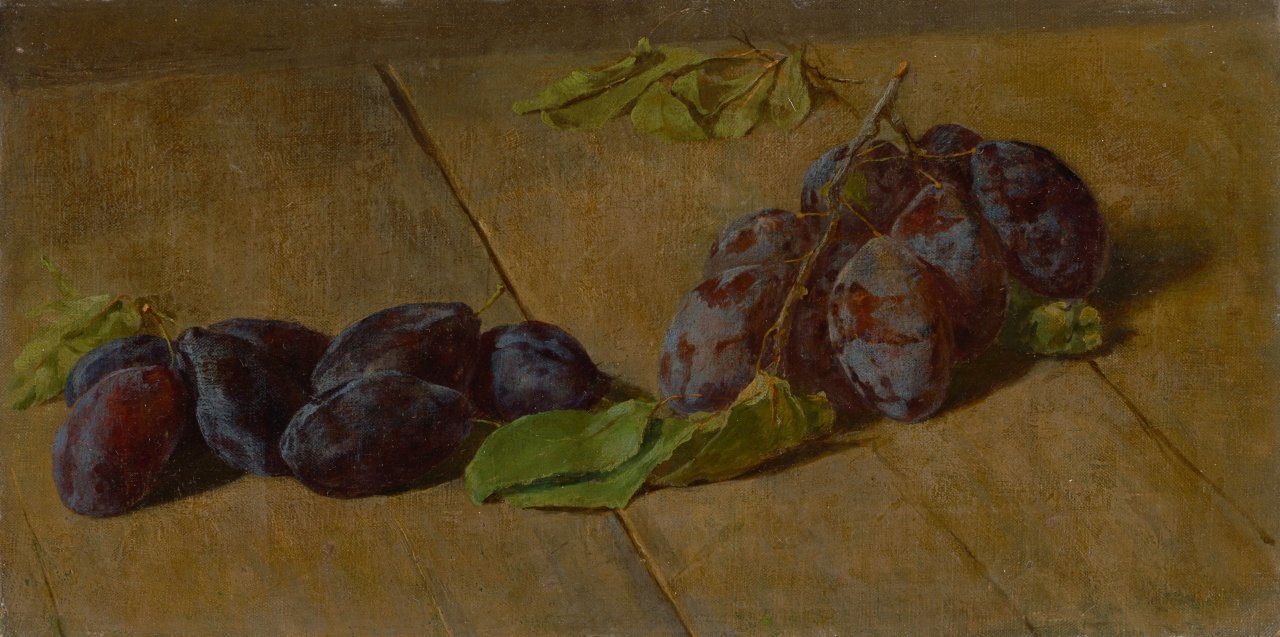 Auf diesem Bild ist das folgende Kunstwerk zu sehen:  Französisch, um 1860/80. Stillleben mit Pflaumen.