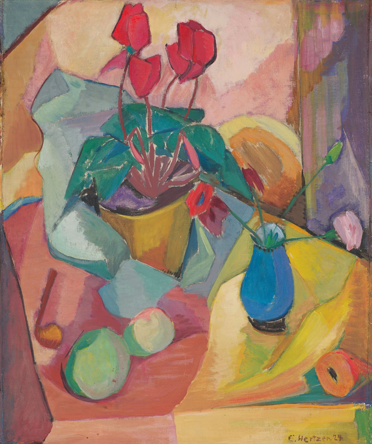 Auf diesem Bild ist das folgende Kunstwerk zu sehen: Else Hertzer. Stillleben mit Alpenveilchen. 1924.