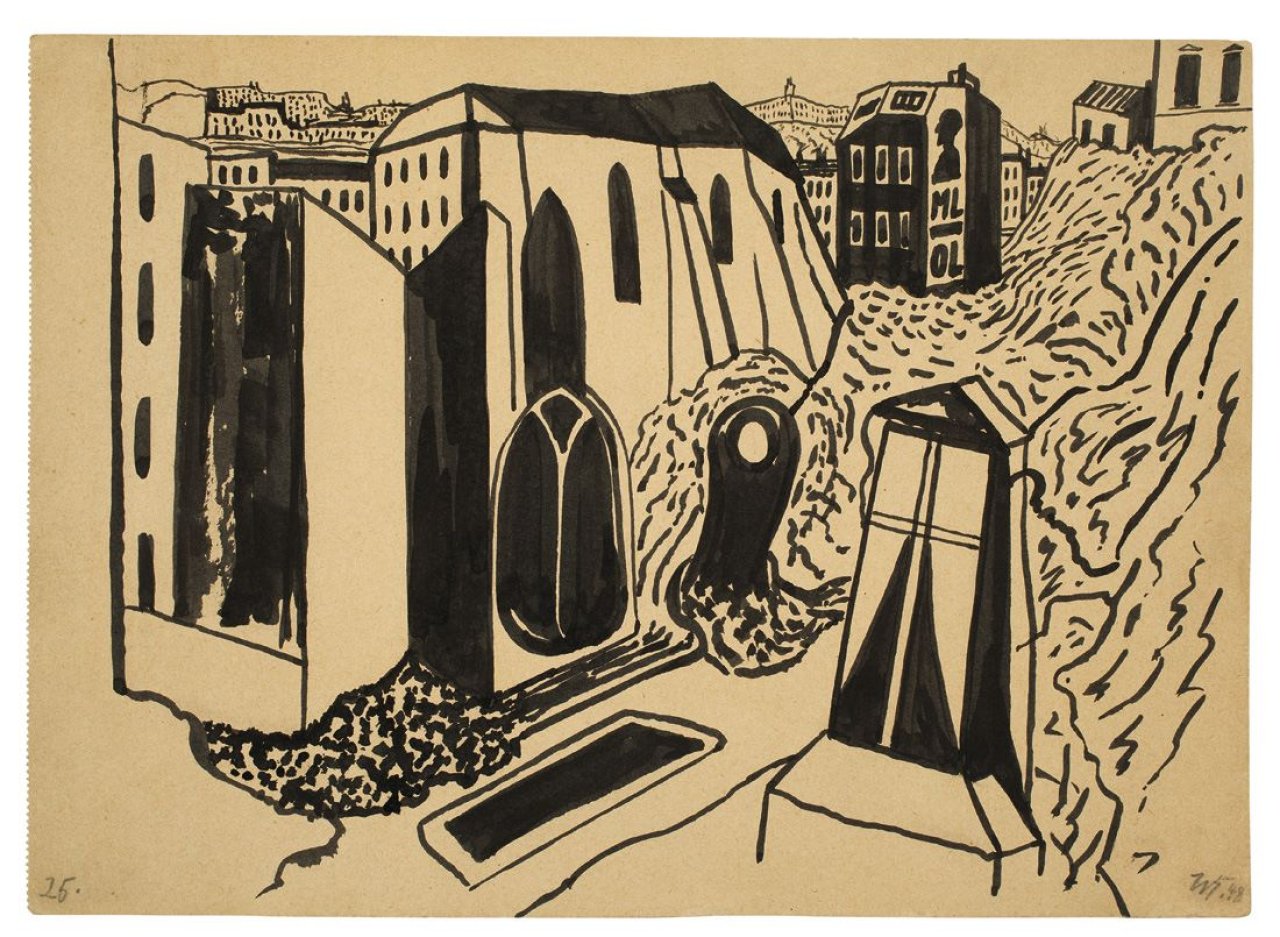 Auf diesem Bild ist das folgende Kunstwerk zu sehen: Werner Heldt. „Häuser und Kapelle in Trümmern“. 1948.